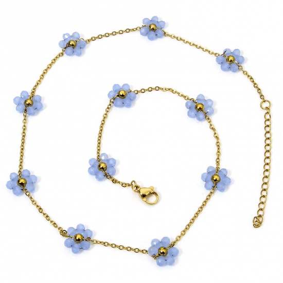 Image de 1 Pièce Colliers Chaîne Perlée en 304 Acier Inoxydable Placage sous Vide PVD Respectueux de l'Environnement Plaqué Or 18K Bleu Fleurs avec Fermoir Mousqueton et Chaîne d'Extension 39cm Long