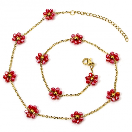 Image de 1 Pièce Colliers Chaîne Perlée en 304 Acier Inoxydable Placage sous Vide PVD Respectueux de l'Environnement Plaqué Or 18K Fuchsia Fleurs avec Fermoir Mousqueton et Chaîne d'Extension 39cm Long