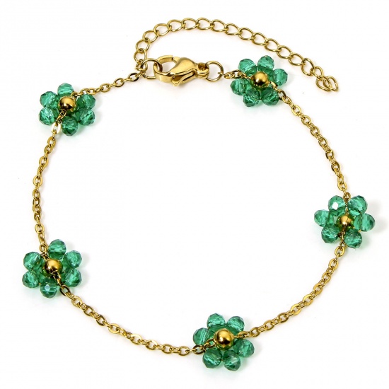 Picture of 1 Piece Vacuum Plating 304 Stainless Steel Beaded Chain Bracelets 18K Gold Plated Green Flower With Lobster Claw Clasp And Extender Chain 17cm(6 6/8") long