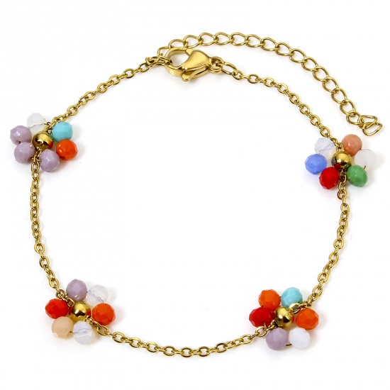 Picture of 1 Piece Vacuum Plating 304 Stainless Steel Beaded Chain Bracelets 18K Gold Plated Multicolor Flower With Lobster Claw Clasp And Extender Chain 17cm(6 6/8") long