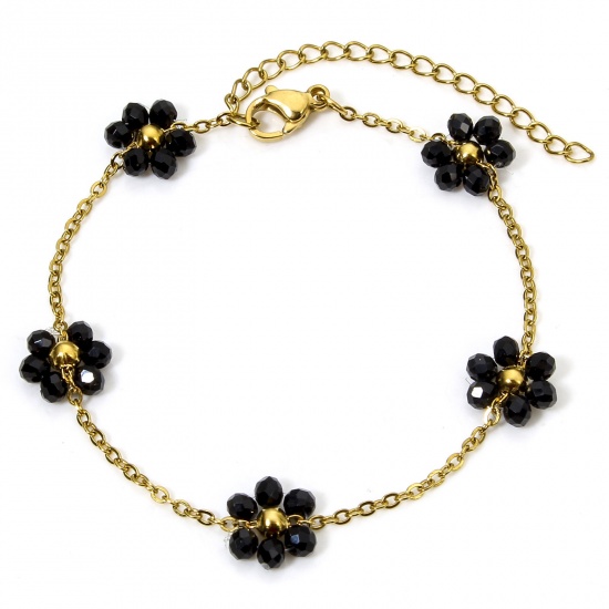 Picture of 1 Piece Vacuum Plating 304 Stainless Steel Beaded Chain Bracelets 18K Gold Plated Black Flower With Lobster Claw Clasp And Extender Chain 17cm(6 6/8") long