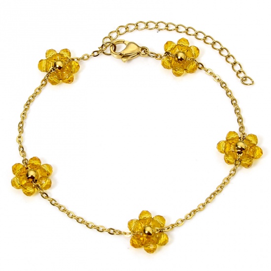 Picture of 1 Piece Vacuum Plating 304 Stainless Steel Beaded Chain Bracelets 18K Gold Plated Yellow Flower With Lobster Claw Clasp And Extender Chain 17cm(6 6/8") long