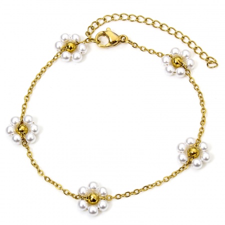 Picture of Wholesale Flower White 304 Stainless Steel Beaded Chain Bracelets, 18K Gold Plated Eco-friendly PVD Vacuum Plating, Women's Stylish Sweet & Cute Gift Jewelry Supply, 17cm(6.7") long, 1 Piece