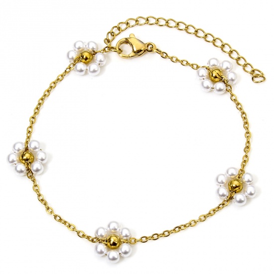 Picture of 1 Piece Vacuum Plating 304 Stainless Steel Beaded Chain Bracelets 18K Gold Plated White Flower With Lobster Claw Clasp And Extender Chain 17cm(6 6/8") long