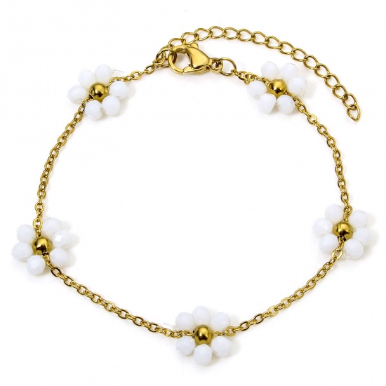 Picture of 1 Piece Vacuum Plating 304 Stainless Steel Beaded Chain Bracelets 18K Gold Plated White Flower With Lobster Claw Clasp And Extender Chain 17cm(6 6/8") long