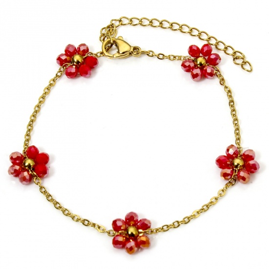Picture of 1 Piece Vacuum Plating 304 Stainless Steel Beaded Chain Bracelets 18K Gold Plated Fuchsia Flower With Lobster Claw Clasp And Extender Chain 17cm(6 6/8") long