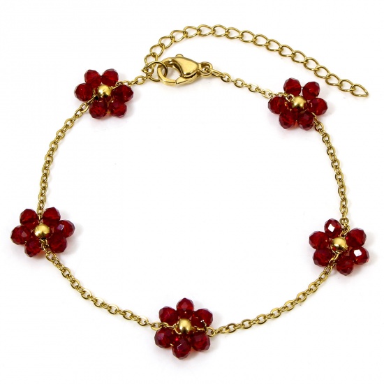 Picture of 1 Piece Vacuum Plating 304 Stainless Steel Beaded Chain Bracelets 18K Gold Plated Dark Red Flower With Lobster Claw Clasp And Extender Chain 17cm(6 6/8") long