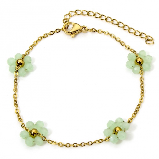 Picture of 1 Piece Vacuum Plating 304 Stainless Steel Beaded Chain Bracelets 18K Gold Plated Light Green Flower With Lobster Claw Clasp And Extender Chain 17cm(6 6/8") long