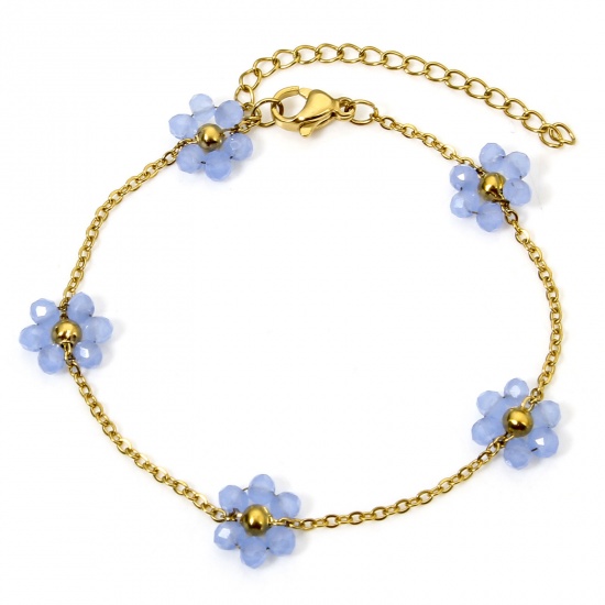 Picture of 1 Piece Vacuum Plating 304 Stainless Steel Beaded Chain Bracelets 18K Gold Plated Blue Flower With Lobster Claw Clasp And Extender Chain 17cm(6 6/8") long