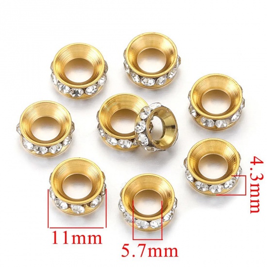 Imagen de 2 Unidades Enchapado al Vacío 304 Acero Inoxidable Cuentas para la Fabricación de Joyas con Dijes de Bricolaje Ronda Chapado en Oro de 18K Transparente Rhinestone 11mm Diámetro, Agujero: Aprox 5.4mm