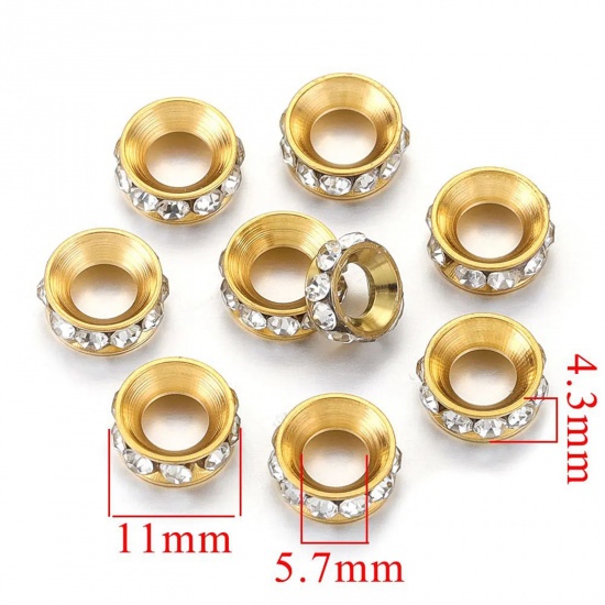 Immagine di 2 Pz Placcatura Sottovuoto 304 Acciaio Inossidabile Perline per la Creazione di Gioielli con Ciondoli Fai-da-te Tondo Placcato Oro 18K Trasparente Strass 11mm Dia., Buco: Circa 5.4mm