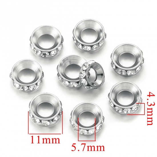 Immagine di 2 PCs 304 Stainless Steel Beads For DIY Charm Jewelry Making Round Silver Tone Clear Rhinestone 11mm Dia., Hole: Approx 5.4mm