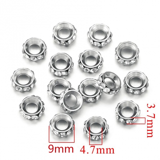 Immagine di 2 PCs 304 Stainless Steel Beads For DIY Charm Jewelry Making Round Silver Tone Clear Rhinestone 9mm Dia., Hole: Approx 4.5mm
