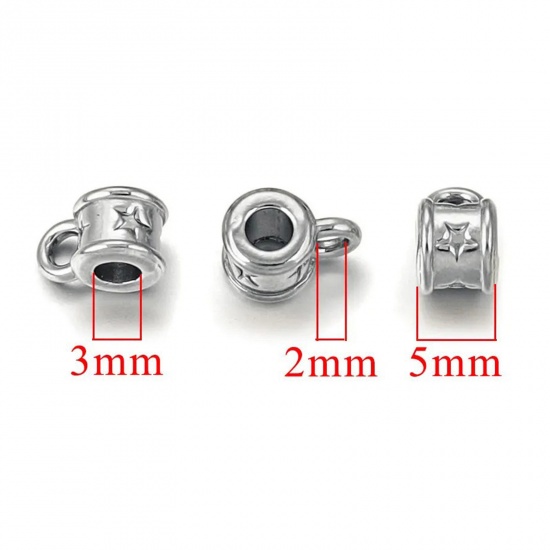 Immagine di 2 PCs 304 Stainless Steel Bail Beads With Loop For DIY Jewelry Making Findings Cylinder Silver Tone 8mm x 5mm