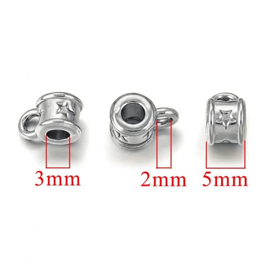 Picture of 2 PCs 304 Stainless Steel Bail Beads With Loop For DIY Jewelry Making Findings Cylinder Silver Tone 8mm x 5mm