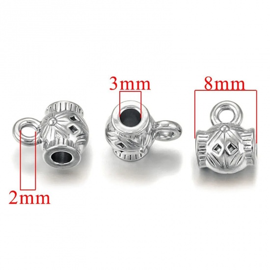 Immagine di 2 PCs 304 Stainless Steel Bail Beads With Loop For DIY Jewelry Making Findings Barrel Silver Tone 10mm x 8mm