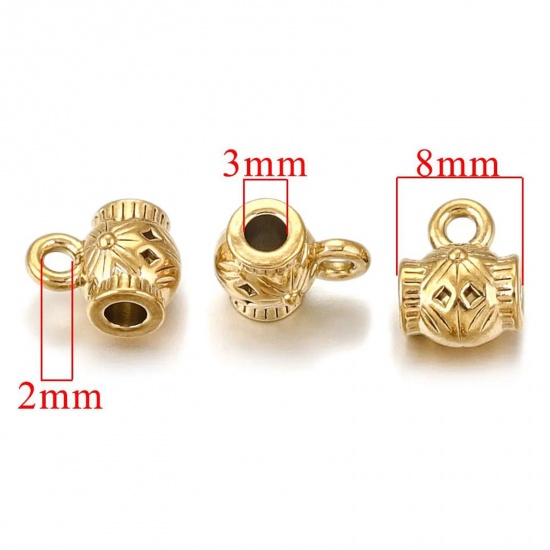 Picture of 2 PCs Vacuum Plating 304 Stainless Steel Bail Beads With Loop For DIY Jewelry Making Findings Barrel 18K Gold Plated 10mm x 8mm