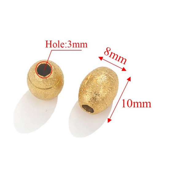 Picture of 2 PCs Vacuum Plating 304 Stainless Steel Beads For DIY Charm Jewelry Making Barrel 18K Gold Plated Carved Pattern Sparkledust 10mm x 8mm, Hole: Approx 2.8mm