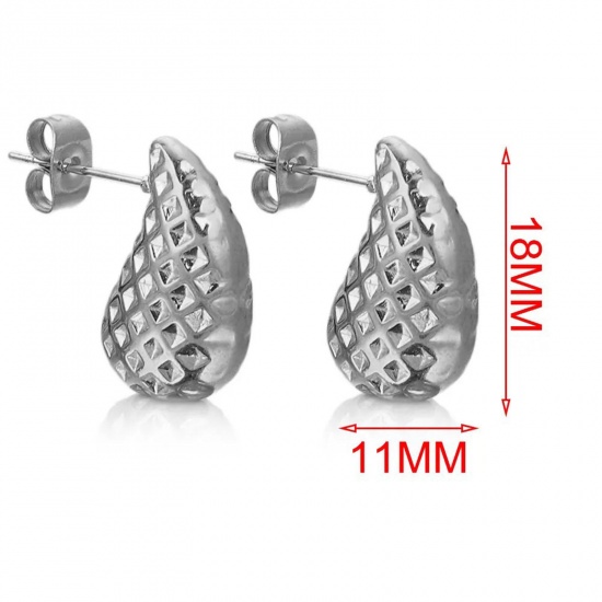 Immagine di 2 PCs Vacuum Plating 304 Stainless Steel Ear Post Stud Earrings Silver Tone Drop 18mm x 8mm, Post/ Wire Size: (21 gauge)