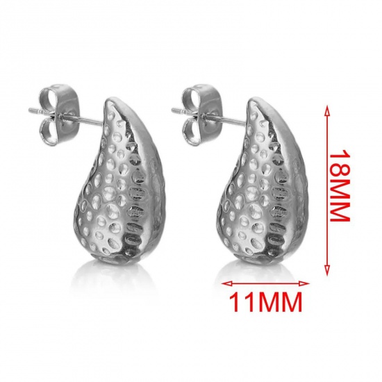Immagine di 2 PCs Vacuum Plating 304 Stainless Steel Ear Post Stud Earrings Silver Tone Drop 18mm x 8mm, Post/ Wire Size: (21 gauge)