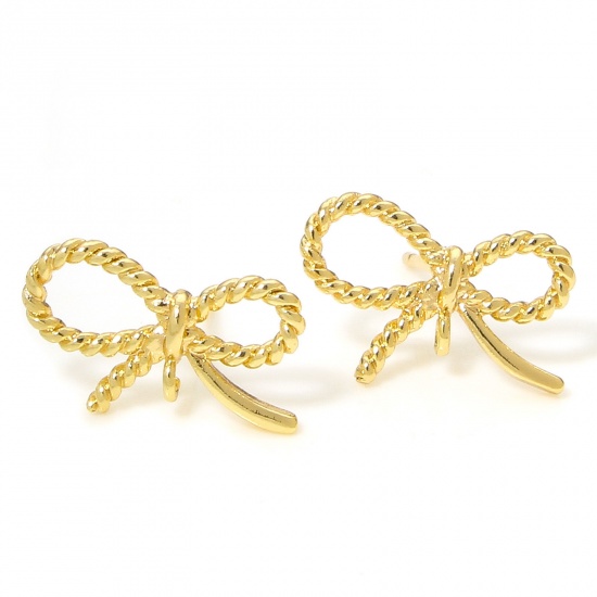 Picture of 2 PCs Eco-friendly Brass Exquisite Ear Post Stud Earring For DIY Jewelry Making Accessories 18K Gold Plated Bowknot 14mm x 10mm, Post/ Wire Size: (20 gauge)