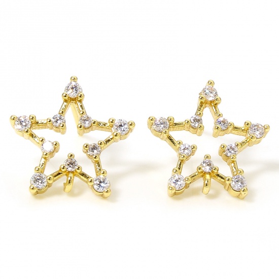 Picture of 2 PCs Eco-friendly Brass Exquisite Ear Post Stud Earring For DIY Jewelry Making Accessories 18K Gold Plated Pentagram Star Hollow Clear Rhinestone 15.5mm x 15mm