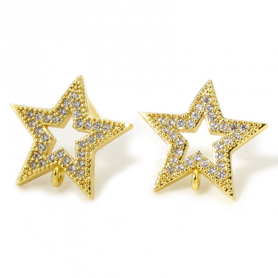 Picture of 2 PCs Eco-friendly Brass Exquisite Ear Post Stud Earring For DIY Jewelry Making Accessories 18K Gold Plated Pentagram Star Hollow Clear Rhinestone 15.5mm x 14.5mm