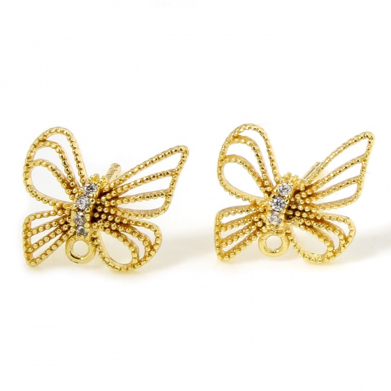 Picture of 1 Pair Eco-friendly Brass Exquisite Ear Post Stud Earring For DIY Jewelry Making Accessories 18K Gold Plated Bowknot Lace Clear Rhinestone 10.5mm x 10mm, Post/ Wire Size: (20 gauge)
