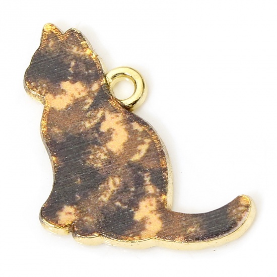 Picture of 10 PCs Zinc Based Alloy Charms Gold Plated Coffee Cat Animal Enamel 19mm x 17mm