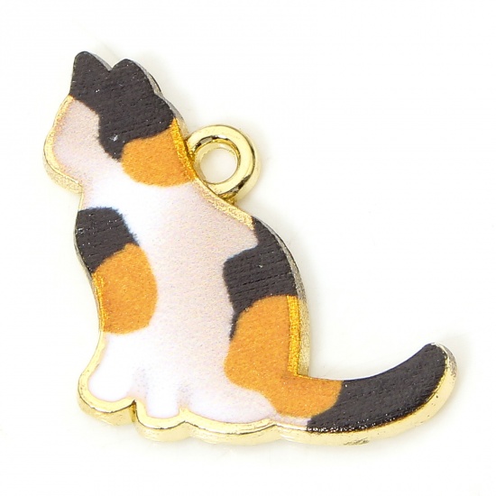 Picture of 10 PCs Zinc Based Alloy Charms Gold Plated Multicolor Cat Animal Enamel 19mm x 17mm