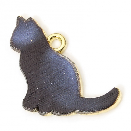 Picture of 10 PCs Zinc Based Alloy Charms Gold Plated Dark Gray Cat Animal Enamel 19mm x 17mm