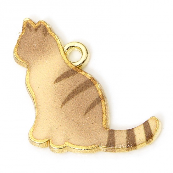 Picture of 10 PCs Zinc Based Alloy Charms Gold Plated Light Brown Cat Animal Enamel 19mm x 17mm