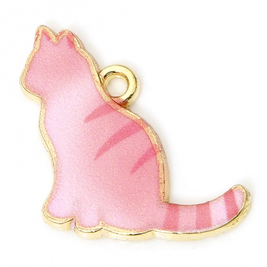 Picture of 10 PCs Zinc Based Alloy Charms Gold Plated Pink Cat Animal Enamel 19mm x 17mm