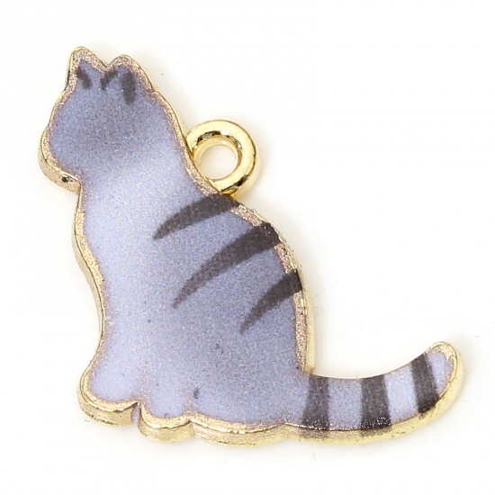 Picture of 10 PCs Zinc Based Alloy Charms Gold Plated Gray Cat Animal Enamel 19mm x 17mm