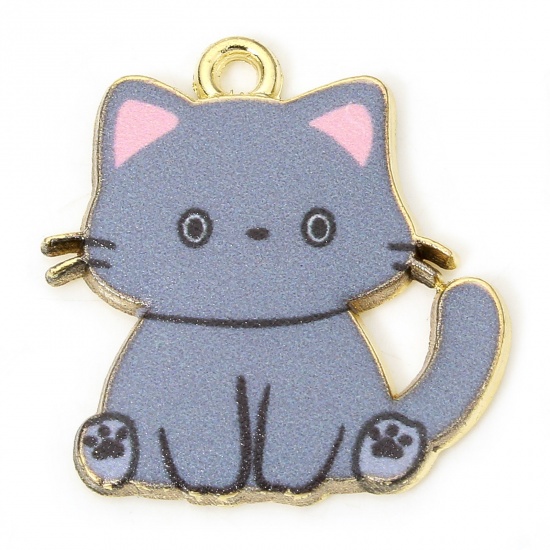 Picture of 10 PCs Zinc Based Alloy Charms Gold Plated Gray Cat Animal Enamel 24mm x 23mm