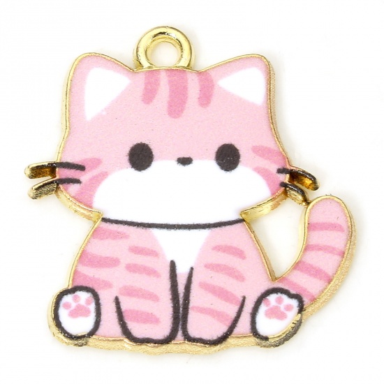 Immagine di 10 PCs Zinc Based Alloy Charms Gold Plated Pink Cat Animal Enamel 24mm x 23mm