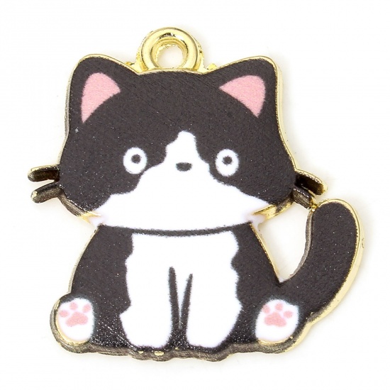 Immagine di 10 PCs Zinc Based Alloy Charms Gold Plated Black & White Cat Animal Enamel 24mm x 23mm
