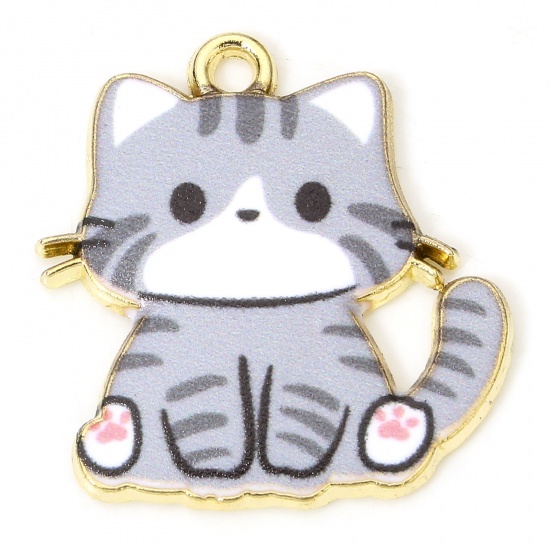 Immagine di 10 PCs Zinc Based Alloy Charms Gold Plated Gray Cat Animal Enamel 24mm x 23mm