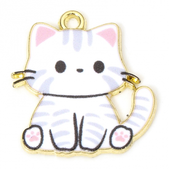 Immagine di 10 PCs Zinc Based Alloy Charms Gold Plated White Cat Animal Enamel 24mm x 23mm