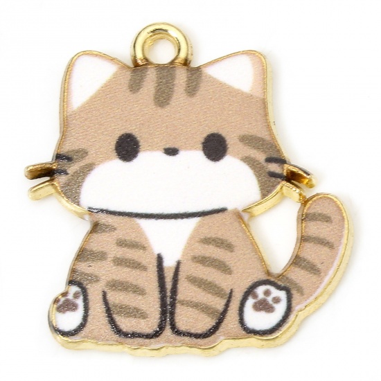Immagine di 10 PCs Zinc Based Alloy Charms Gold Plated Brown Cat Animal Enamel 24mm x 23mm