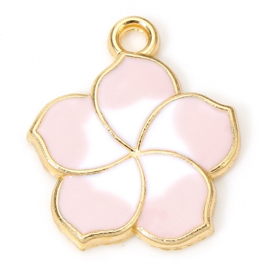 Picture of 20 PCs Zinc Based Alloy Charms Gold Plated Light Pink Sakura Flower Flower Enamel 17mm x 15mm