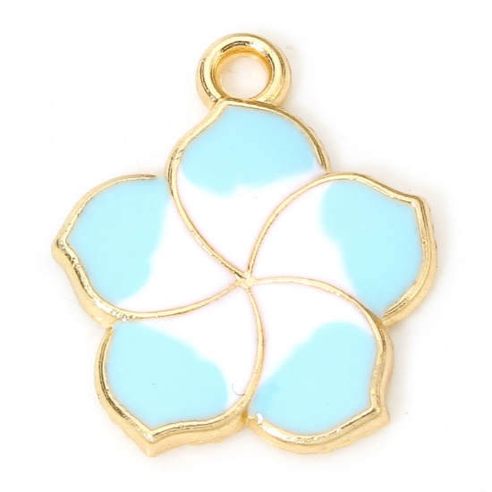 Picture of 20 PCs Zinc Based Alloy Charms Gold Plated Blue Sakura Flower Flower Enamel 17mm x 15mm