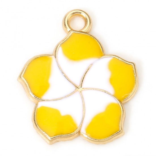 Picture of 20 PCs Zinc Based Alloy Charms Gold Plated Yellow Sakura Flower Flower Enamel 17mm x 15mm