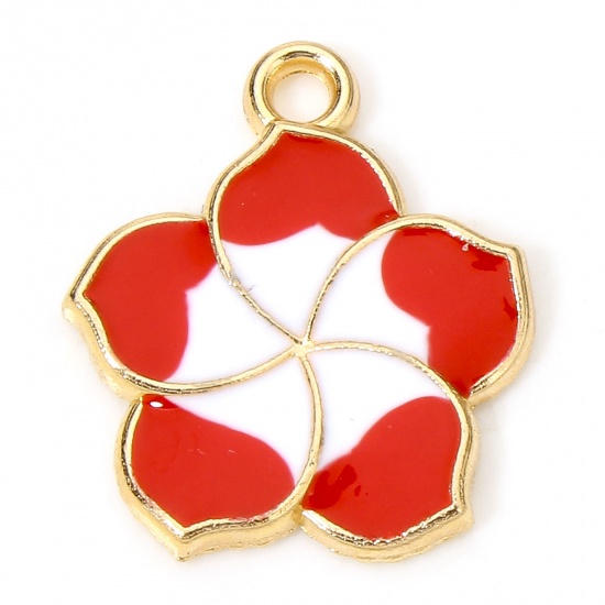 Immagine di 20 PCs Zinc Based Alloy Charms Gold Plated Red Sakura Flower Flower Enamel 17mm x 15mm