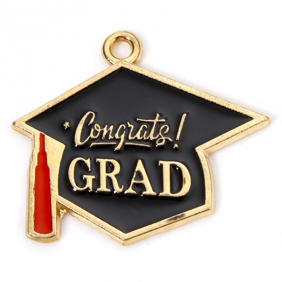 Picture of 10 PCs Zinc Based Alloy College Jewelry Charms Gold Plated Black & Red Trencher Cap Message " Congrats Grad " Enamel 27mm x 24mm