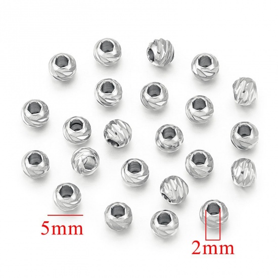 Immagine di 5 PCs Eco-friendly 304 Stainless Steel Beads For DIY Charm Jewelry Making Round Silver Tone Carved Pattern 5mm x 2mm, Hole: Approx 2mm