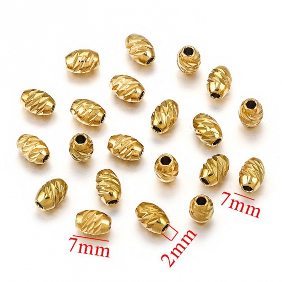 Immagine di 5 Pz Ecologico 304 Acciaio Inossidabile Perline per la Creazione di Gioielli con Ciondoli Fai-da-te Ovale Placcato Oro 18K Intagliato 5mm x 7mm, Buco: Circa 2mm