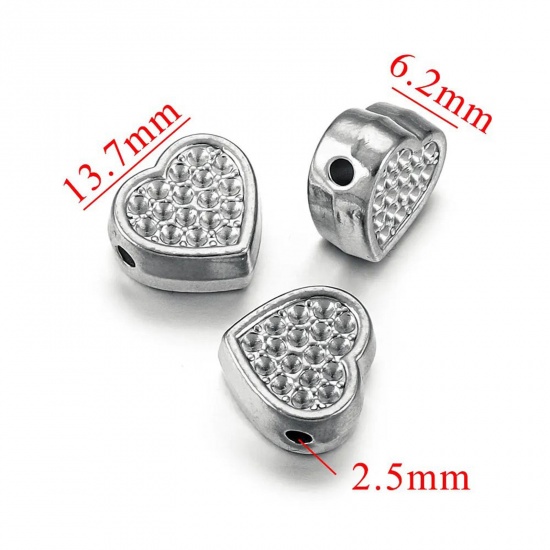 Immagine di 1 Piece Eco-friendly 304 Stainless Steel Casting Beads For DIY Charm Jewelry Making Heart Silver Tone 13.6mm x 6mm, Hole: Approx 2.5mm