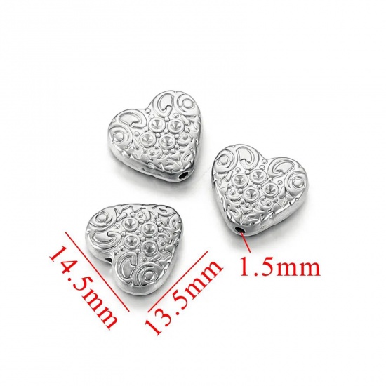 Immagine di 1 Piece Eco-friendly 304 Stainless Steel Casting Beads For DIY Charm Jewelry Making Heart Silver Tone Texture 14.5mm x 13.5mm, Hole: Approx 1.5mm