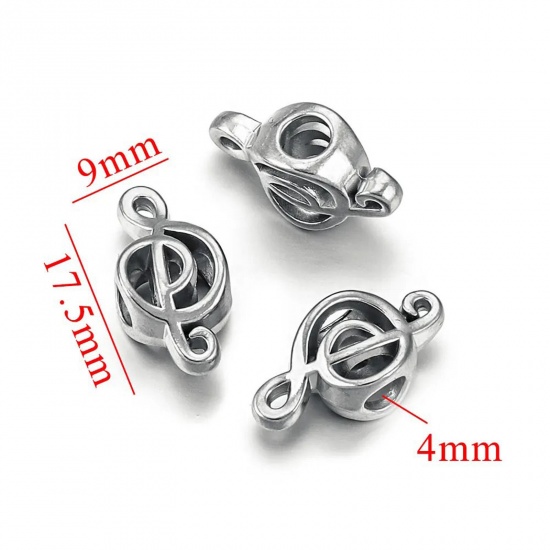 Immagine di 1 Piece Eco-friendly 304 Stainless Steel Casting Beads For DIY Charm Jewelry Making Musical Note Silver Tone 17.5mm x 9mm, Hole: Approx 4mm